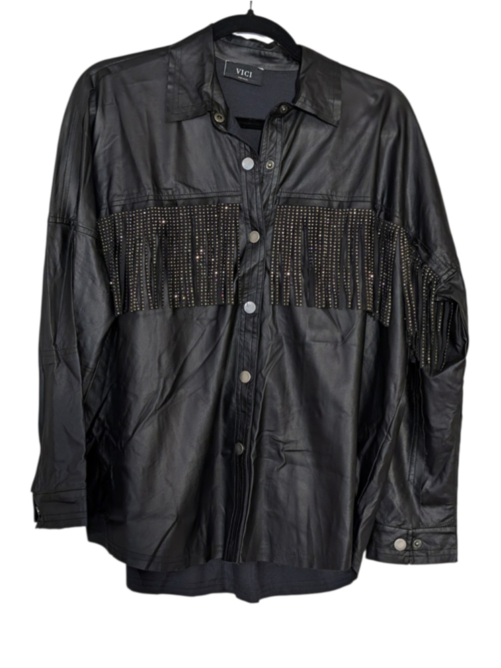 VICI Black Faux Leather Rhinestone Fringe Button Down Shirt Size Small - Picture 8 of 11